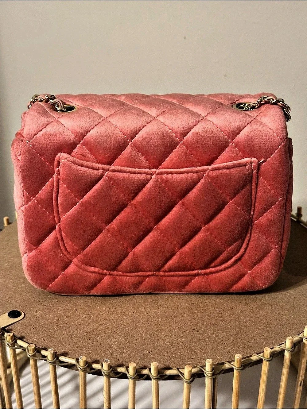 Chanel Velvet Quilted Mini Square Pearl Crush Flap Bag Pink